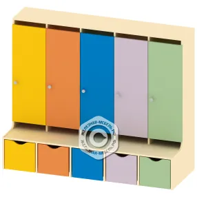 шкафчик детский со встроенной скамьей на 5 секции шк-ад-45-5